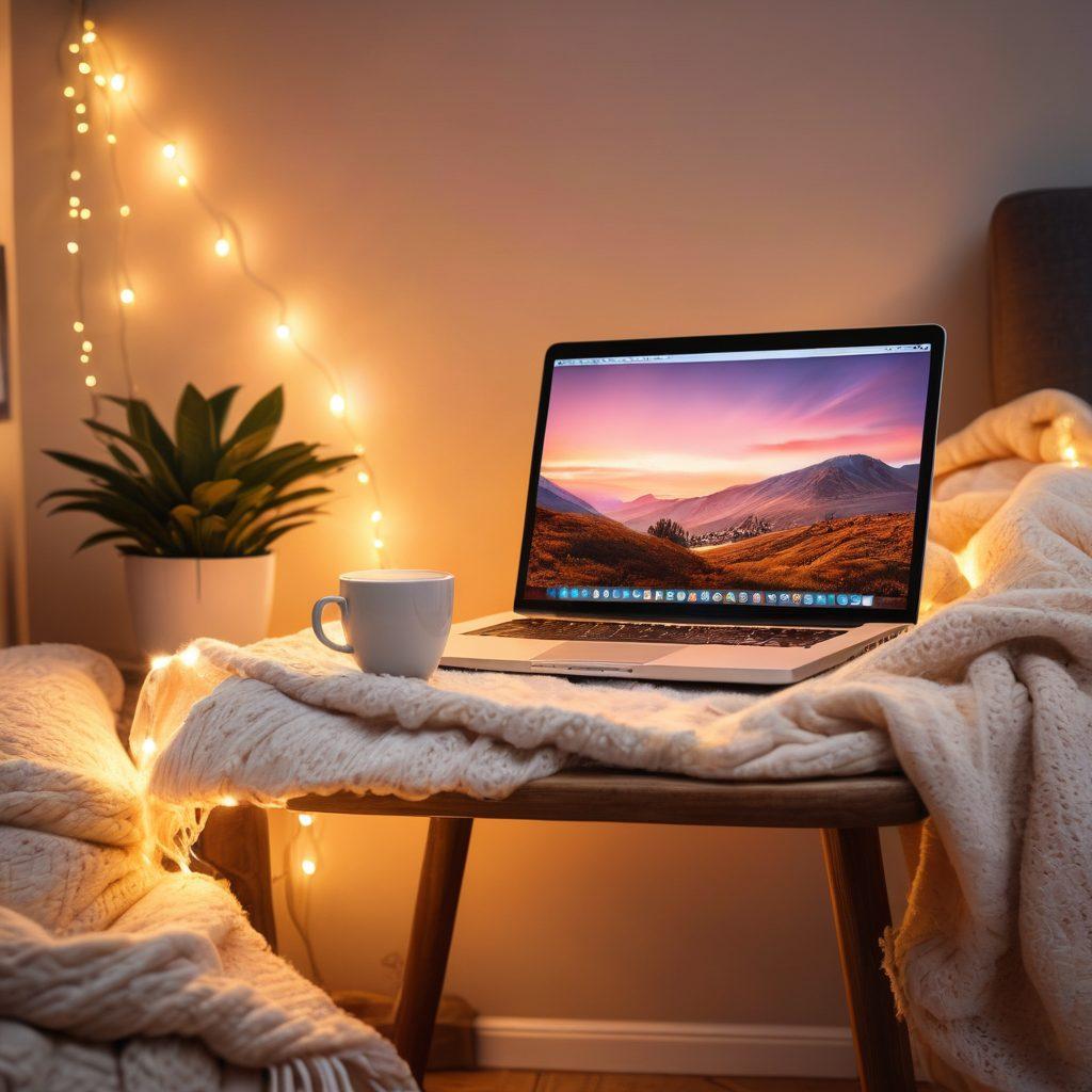 A cozy, intimate virtual meeting scene with a glowing laptop displaying two smiling faces through a webcam interface. Surrounding elements like a soft blanket, a steaming mug, and ambient fairy lights enhance the warmth of digital connection. The colors are soft and inviting, capturing the essence of intimacy in a digital age. super-realistic. vibrant colors. cozy atmosphere.