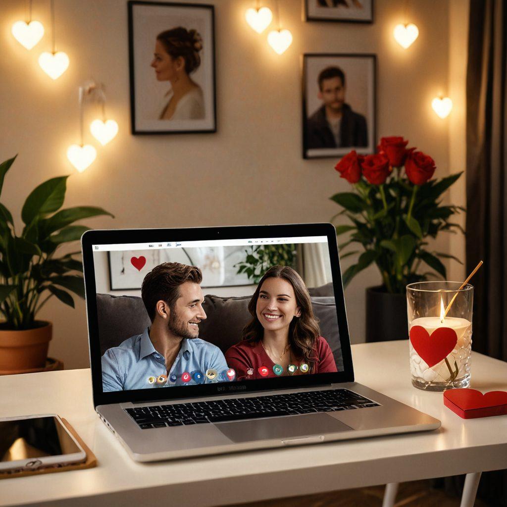 A captivating scene featuring a couple in a cozy, stylish room, engaged in a passionate moment on a live streaming cam, surrounded by soft, warm lighting and modern decor. The camera captures their intimate expressions, while the screen displays a chat full of hearts and supportive comments from viewers. Include a hint of technology with a sleek laptop and a smartphone, symbolizing the blend of modern romance and digital engagement. super-realistic. warm colors. intimate atmosphere.