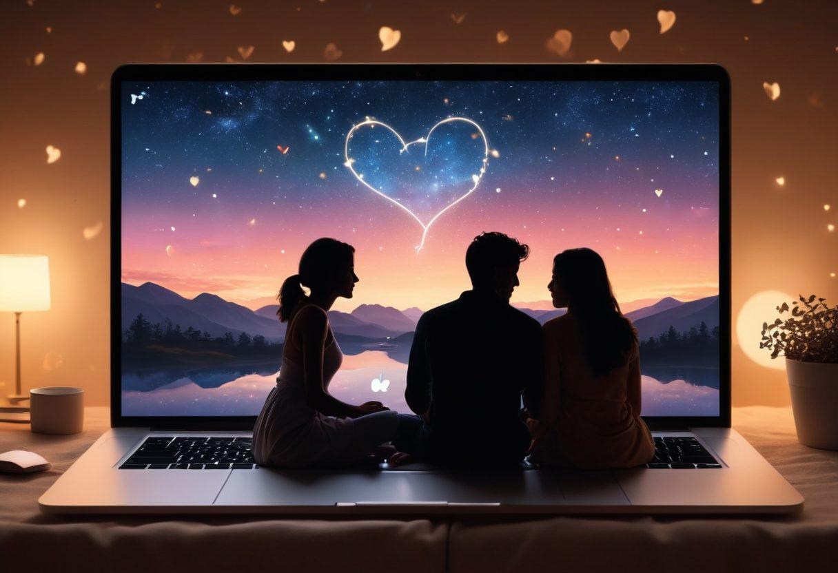 A cozy, intimate virtual space illustrating two silhouettes engaging in a passionate video call on a laptop, surrounded by soft glowing hearts and digital connections, highlighting the warmth of human connection in a digital world. The background features a night sky with stars symbolizing limitless possibilities. super-realistic. warm colors. soft focus.